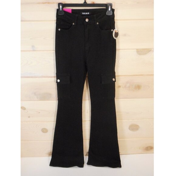 S.O.N.G. Juniors Size 1 / 25High Rise Cargo Pocket Fit & Flare Jeans Black NWT - Picture 1 of 10